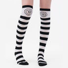 Swirl black and white striped thigh high socks front