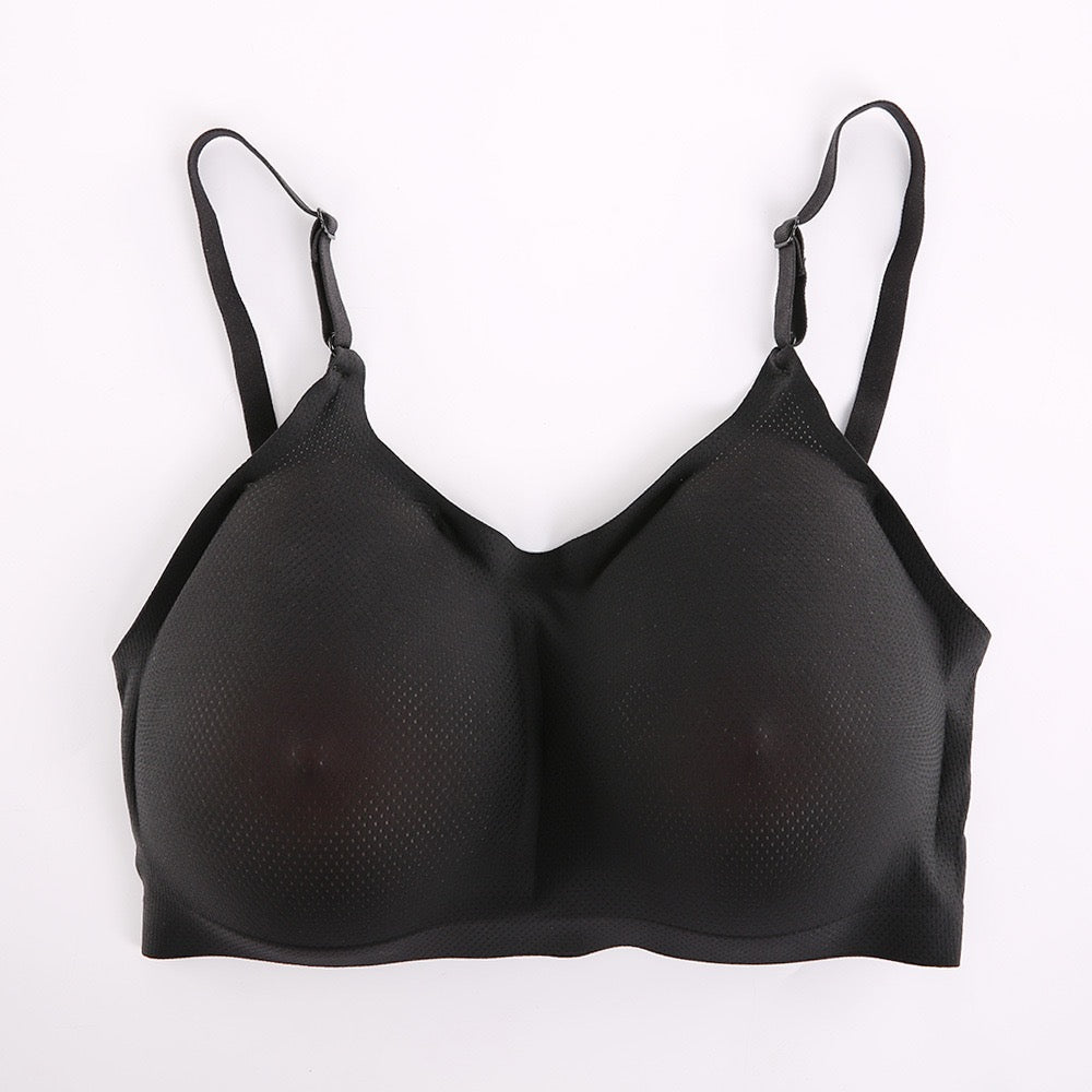 Black wireless mesh underwire bra with adjustable shoulder straps, shown flat against a plain white background.