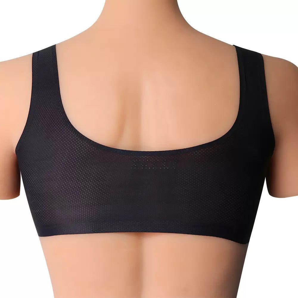 Black mesh underwire bra shown from the back on a mannequin torso against a plain white background.