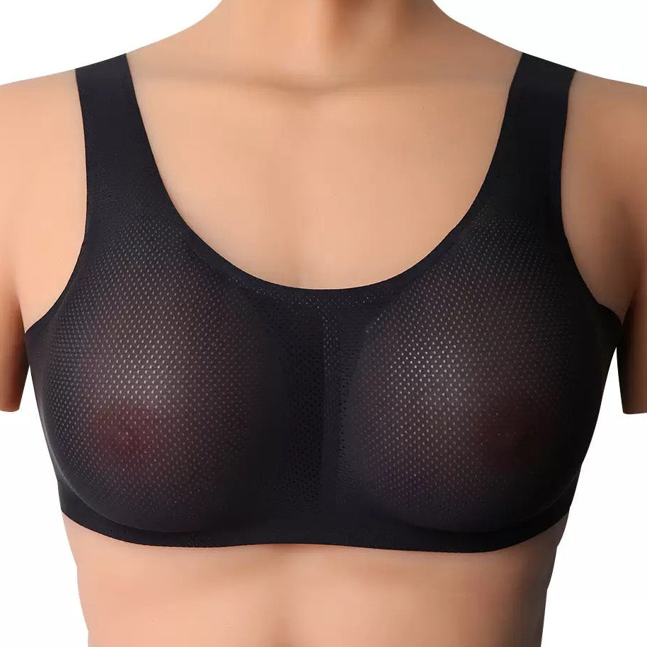 Black mesh underwire bra shown on a model's torso against a plain white background.