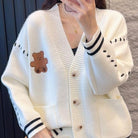 Femboy in White V Neck Bear Cardigan Sweater - Femboy Fashion