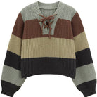 V neck lace up color block sweater