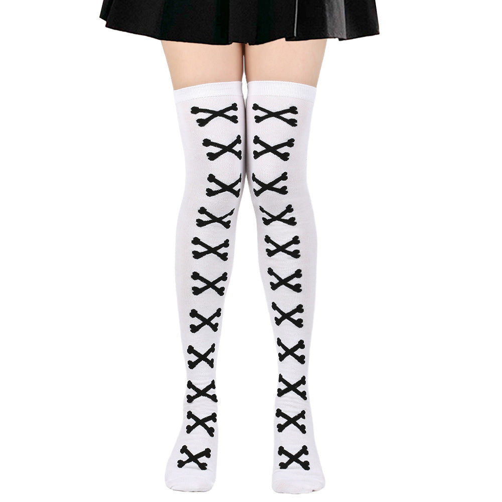 White and black skeleton bone thigh high socks