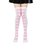 White and pink skeleton bone thigh high socks