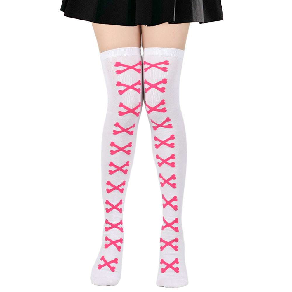 White and rose skeleton bone thigh high socks