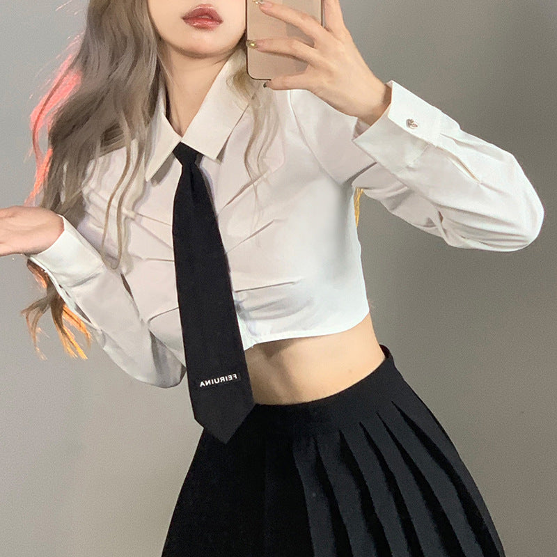 Femboy In White Cinch Waist Crop Shirt Long Sleeve - Femboy Fashion