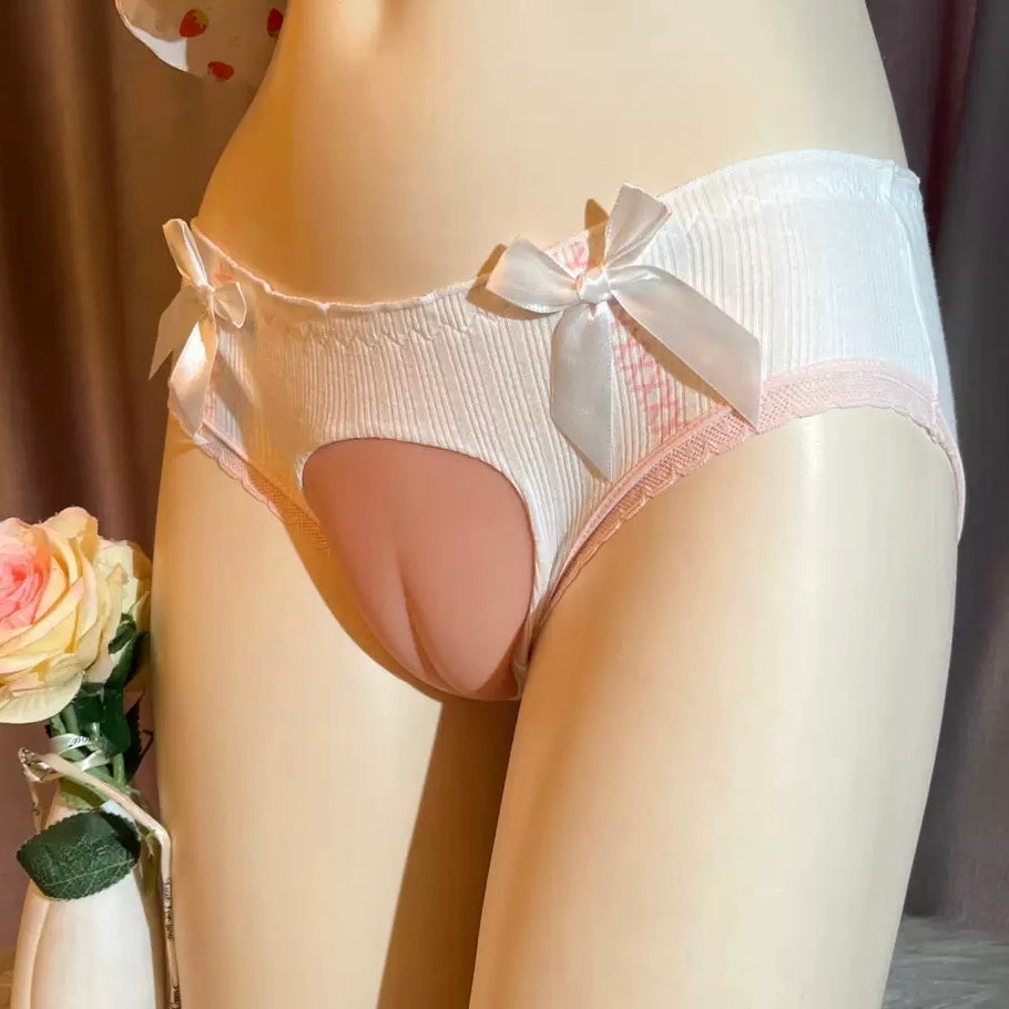 White cotton silicone cameltoe panty with bowknot
