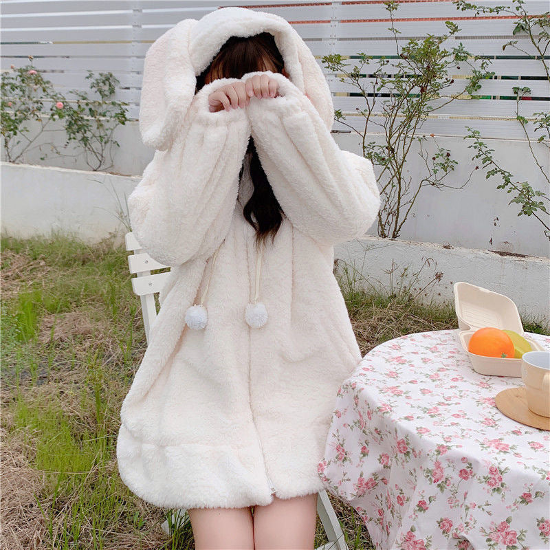 White Cute Bunny Zip Hoodie With Ears - Femboy Fashion