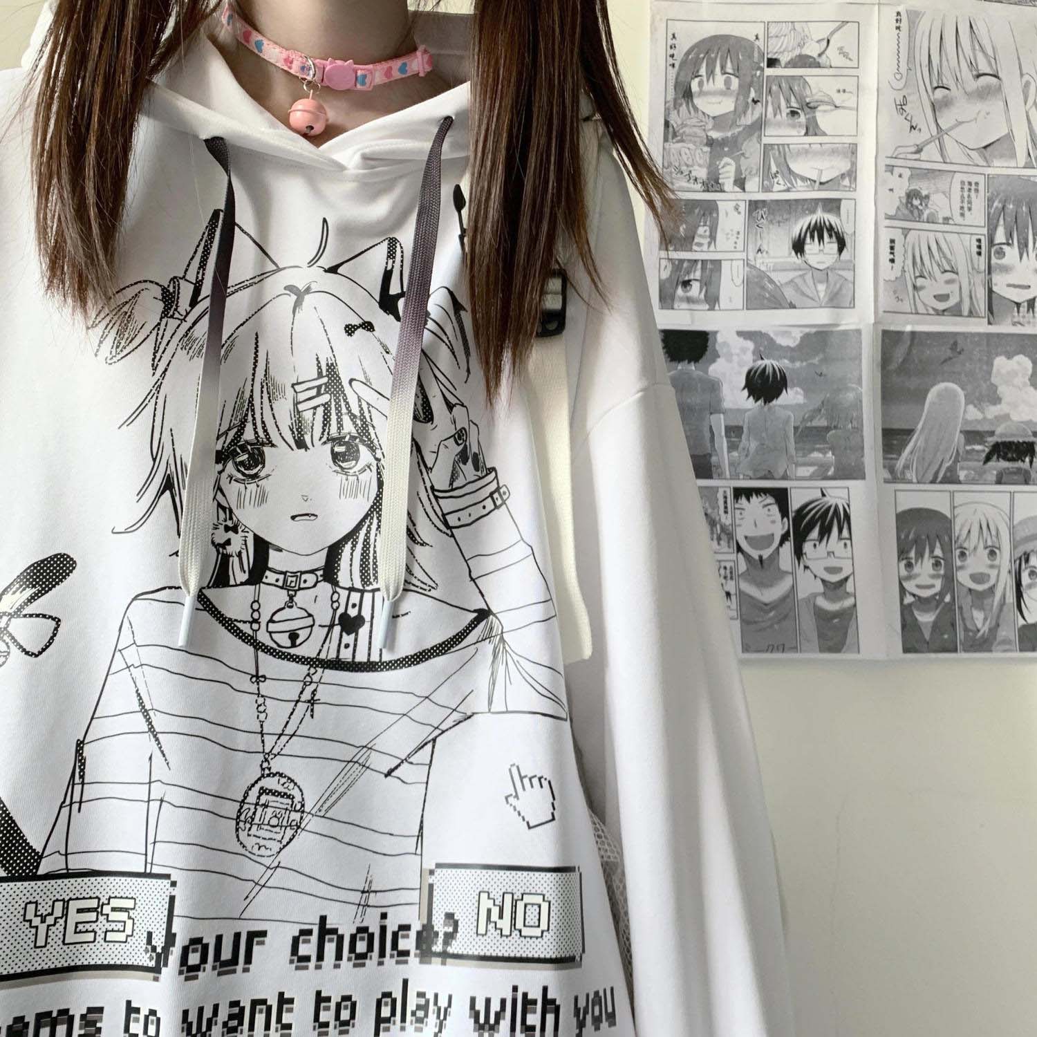 White femboy anime print oversize hoodie