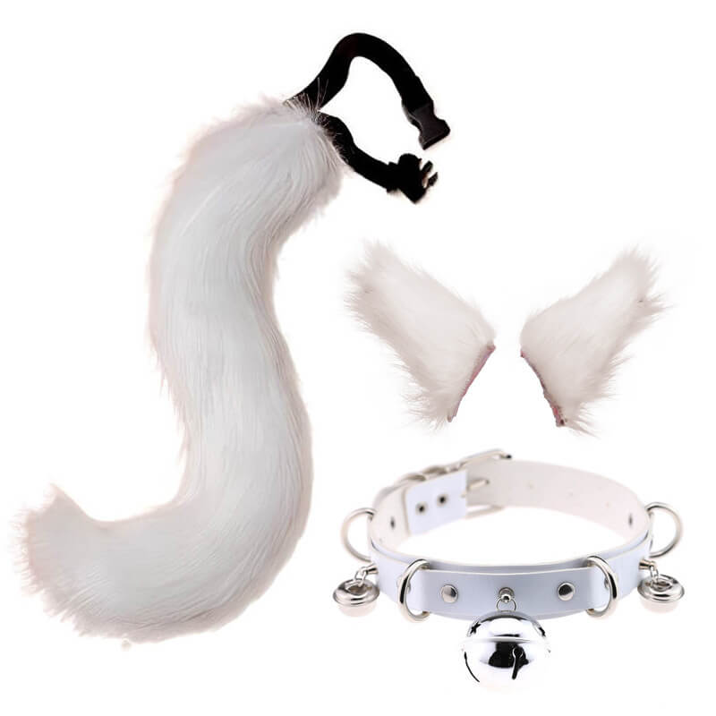 White Fox Ears Clips And Tail With Collar Set - Femboy Fashion