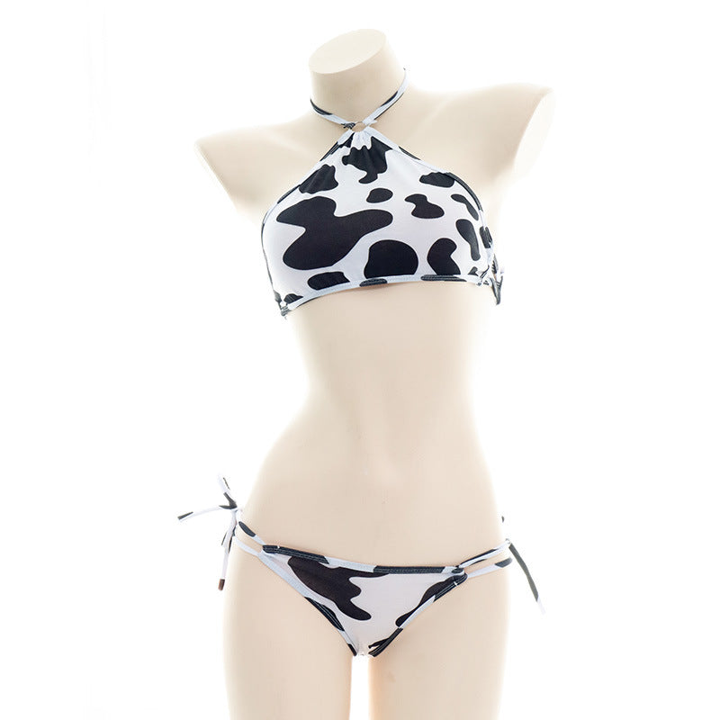 Halter Cow Print Lingerie Set Front - Femboy Fashion