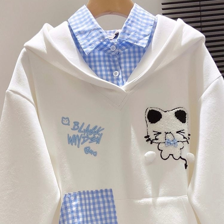 White And Grey Kawaii Cat Hoodie - Femboy Fashion