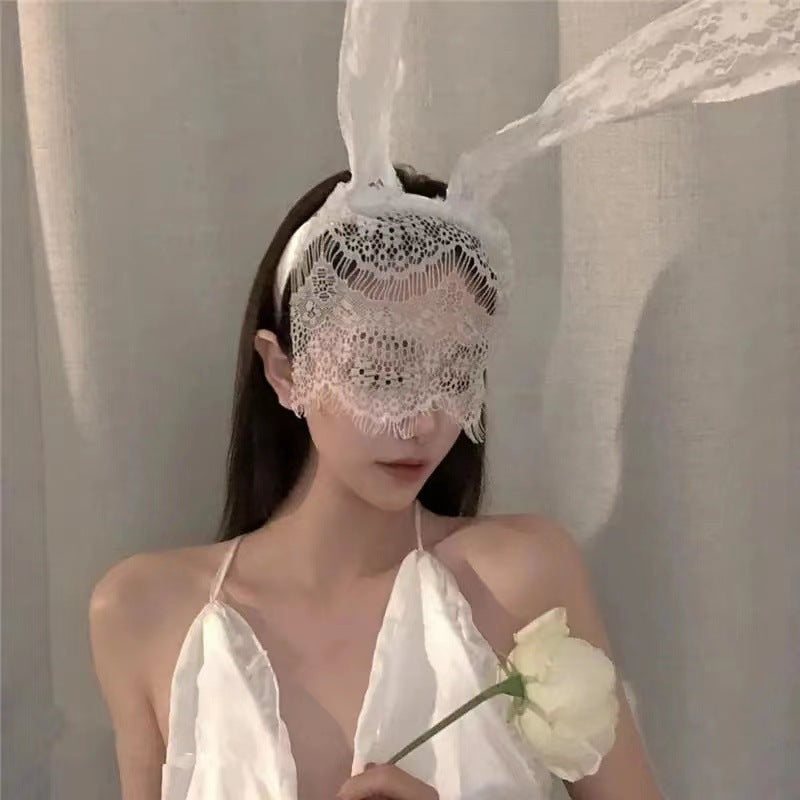 Femboy Wearing a White Lace Bunny Ear Headband - Femboy Fashion