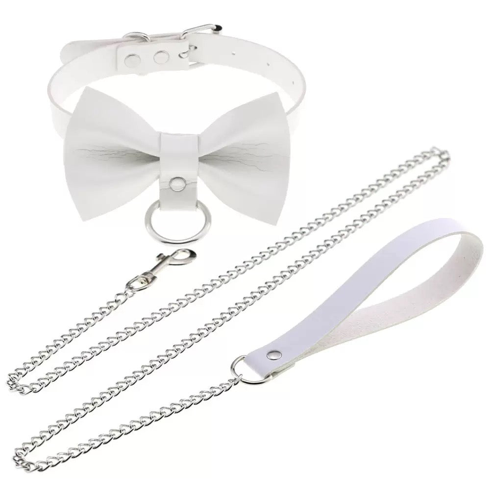White leather choker with big bow with chain set
