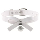 White leather choker with silver hardware and a bell on a white background