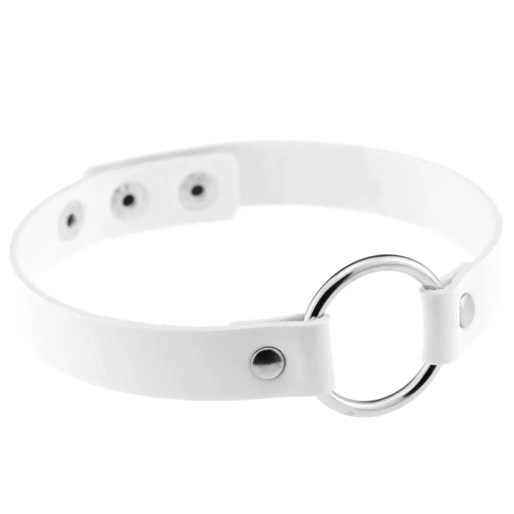 White leather o-ring choker on a white background