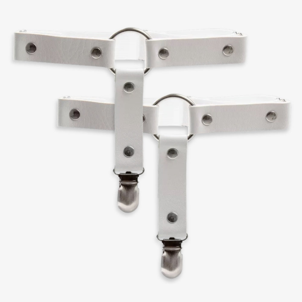 White leather o ring thigh garters