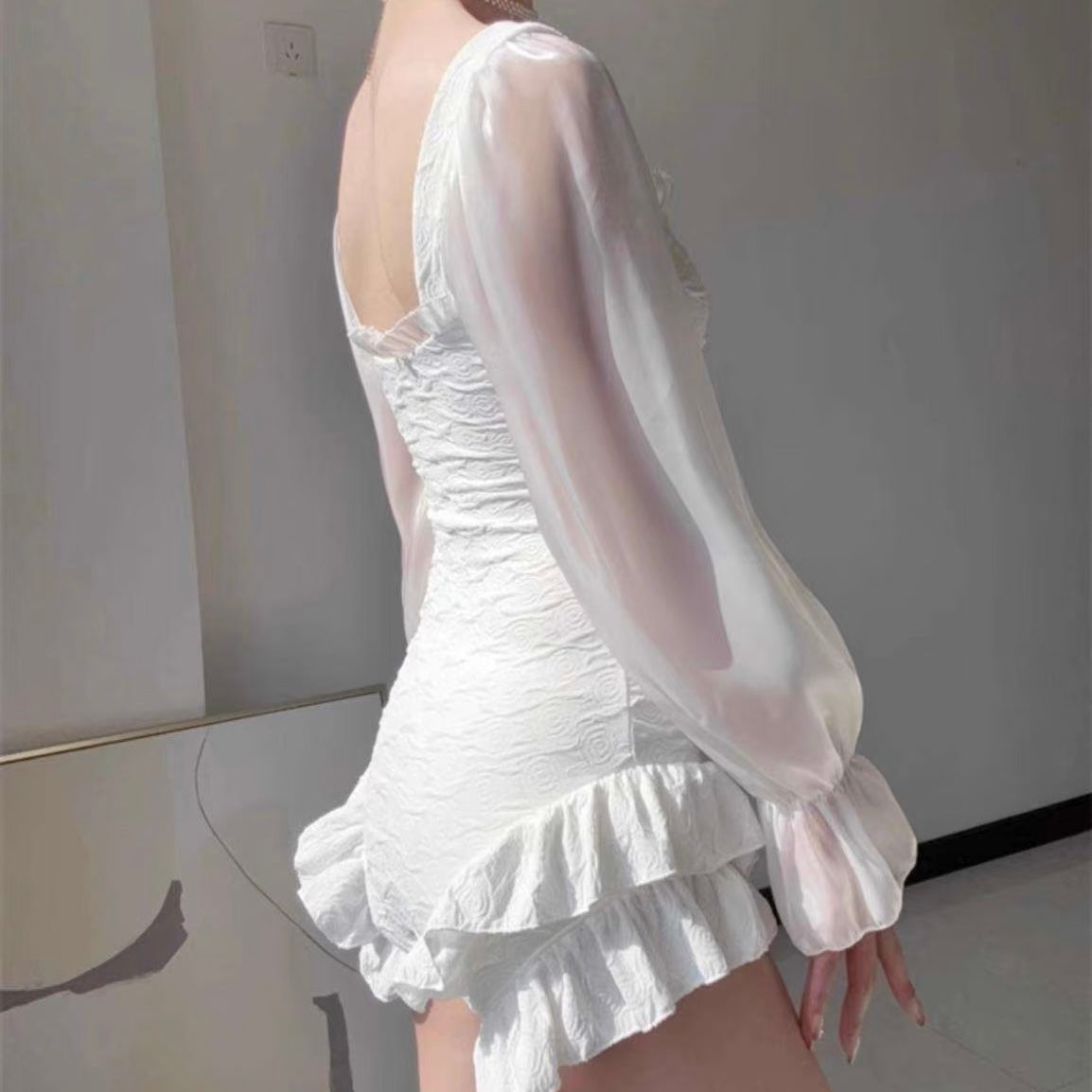 White Long Sleeve One-Piece Swimsuit - Femboy Fashion