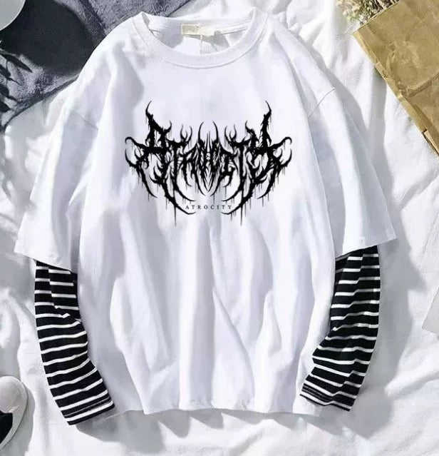 White striped loose double sleeve long sleeve tee