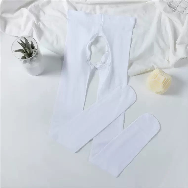 White plus size solid crotchless pantyhose