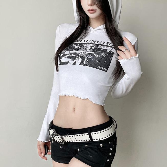 White Printed Long Sleeve T Shirt Hoodie - Femboy Fashion