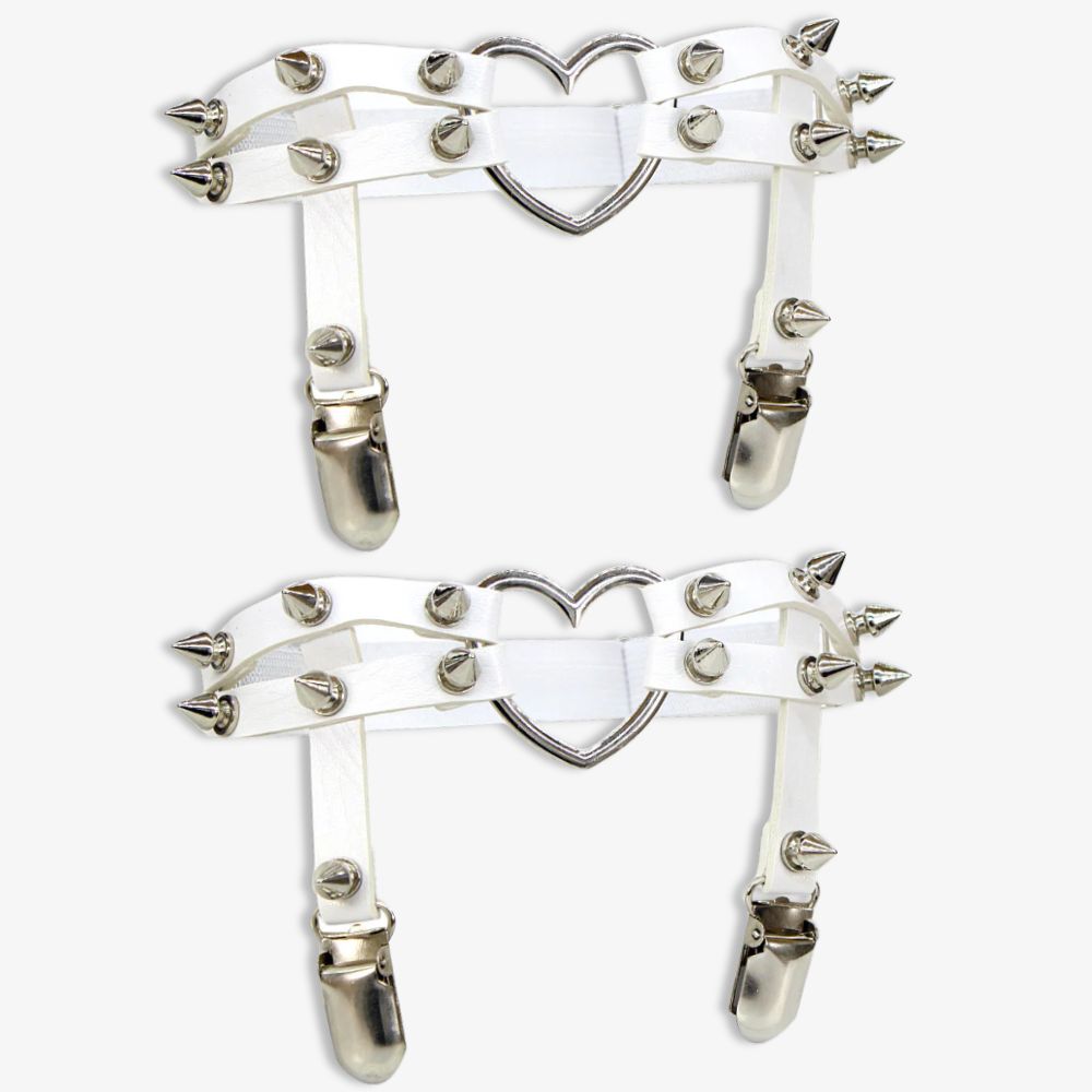 White Punk Leather Thigh Garter With Heart - Femboy Fashion