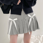 Ribbon Bowknot Grey Pleated Skirt - Femboy Fashion