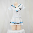 White sailor lingerie set with black and blue accents on a mannequin against a plain background