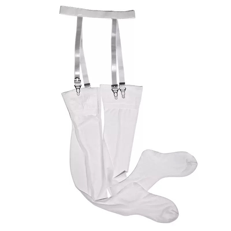 White sexy 4 strap garter belt and tights for fembo