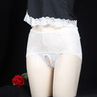 White lace underwear with a red rose on a black background