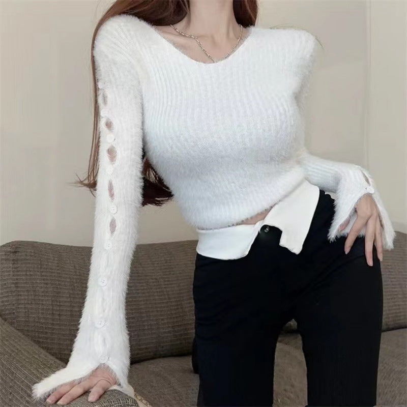 White solid cropped crew neck sweater