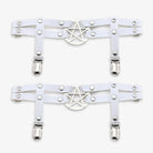 White leather leg garters with silver pentagram design on a white background