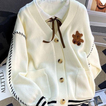 V-Neck Bear Cardigan Femboy Sweater (White, Pink)