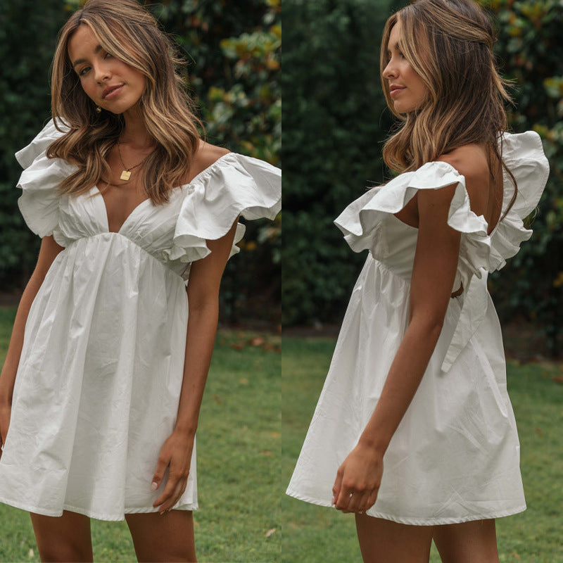 White V Neck Ruffle Mini Dress - Femboy Fashion