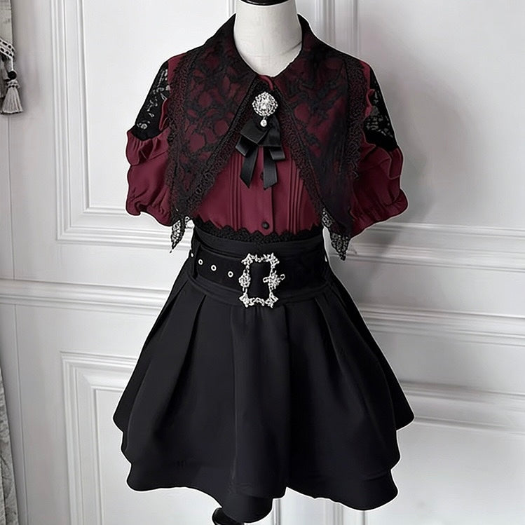 Wine red jirai kei short sleeve top and skirt set