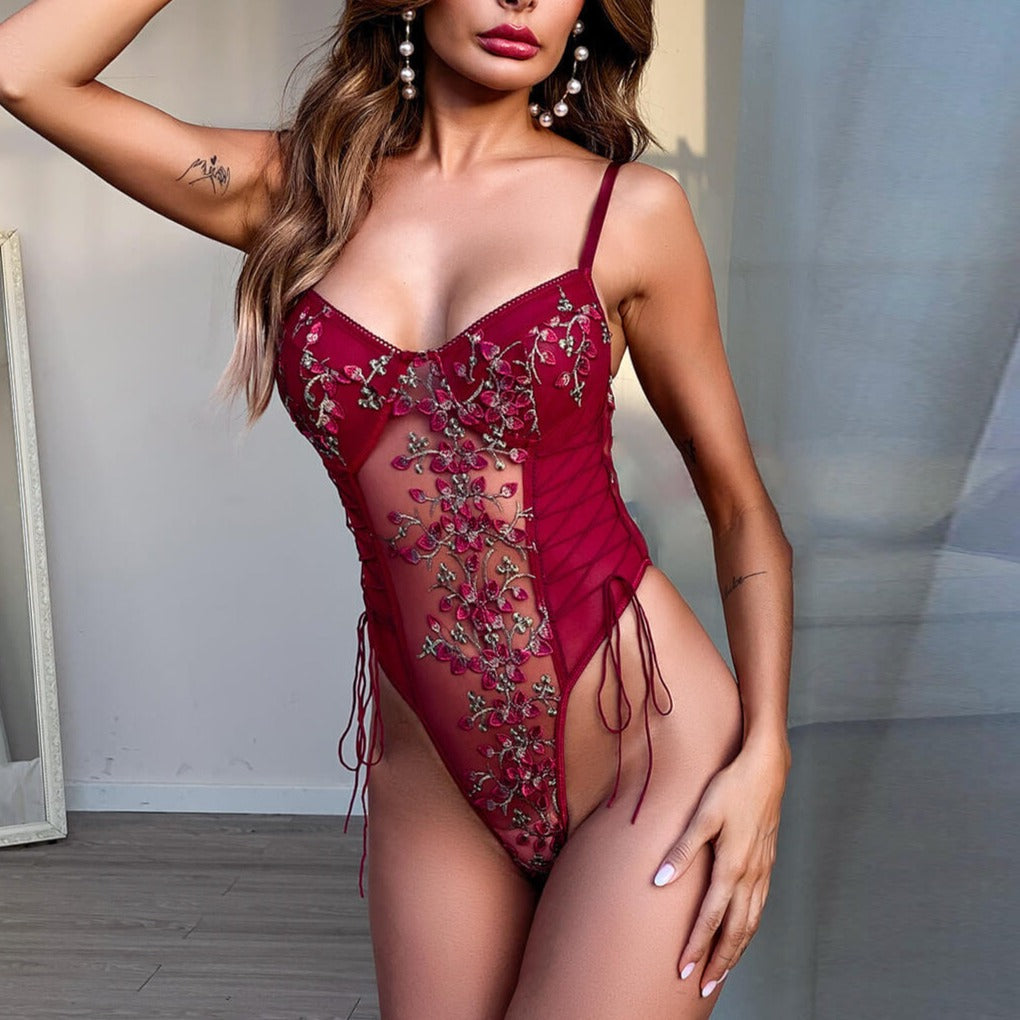 Sissy in Red Sexy Lace Floral Teddy Lingerie - Femboy Fashion