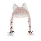 Pink fluffy animal hat with ears and tail on a white background