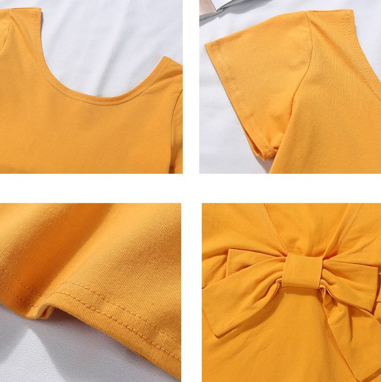 Yellow Bowknot Solid Crop Tee Detail - Femboy Fashion