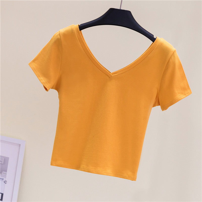 V Neck Solid Crop Tee - Femboy Fashion